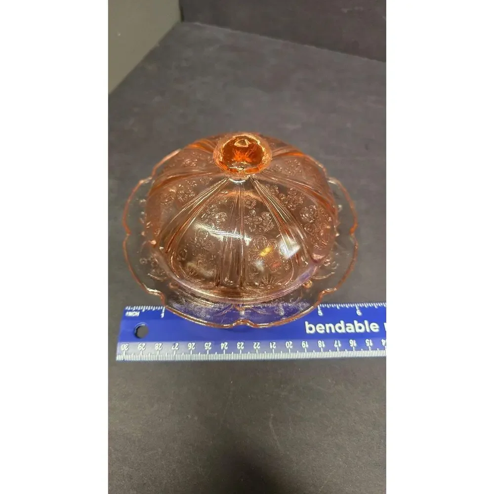 Pink Glass Covered Dish Cherry Floral Round Butter Cheese Reproduction